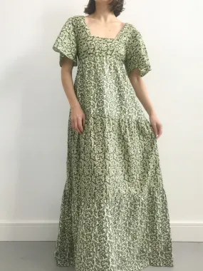 1970s Green Floral Tiered Prairie Dress