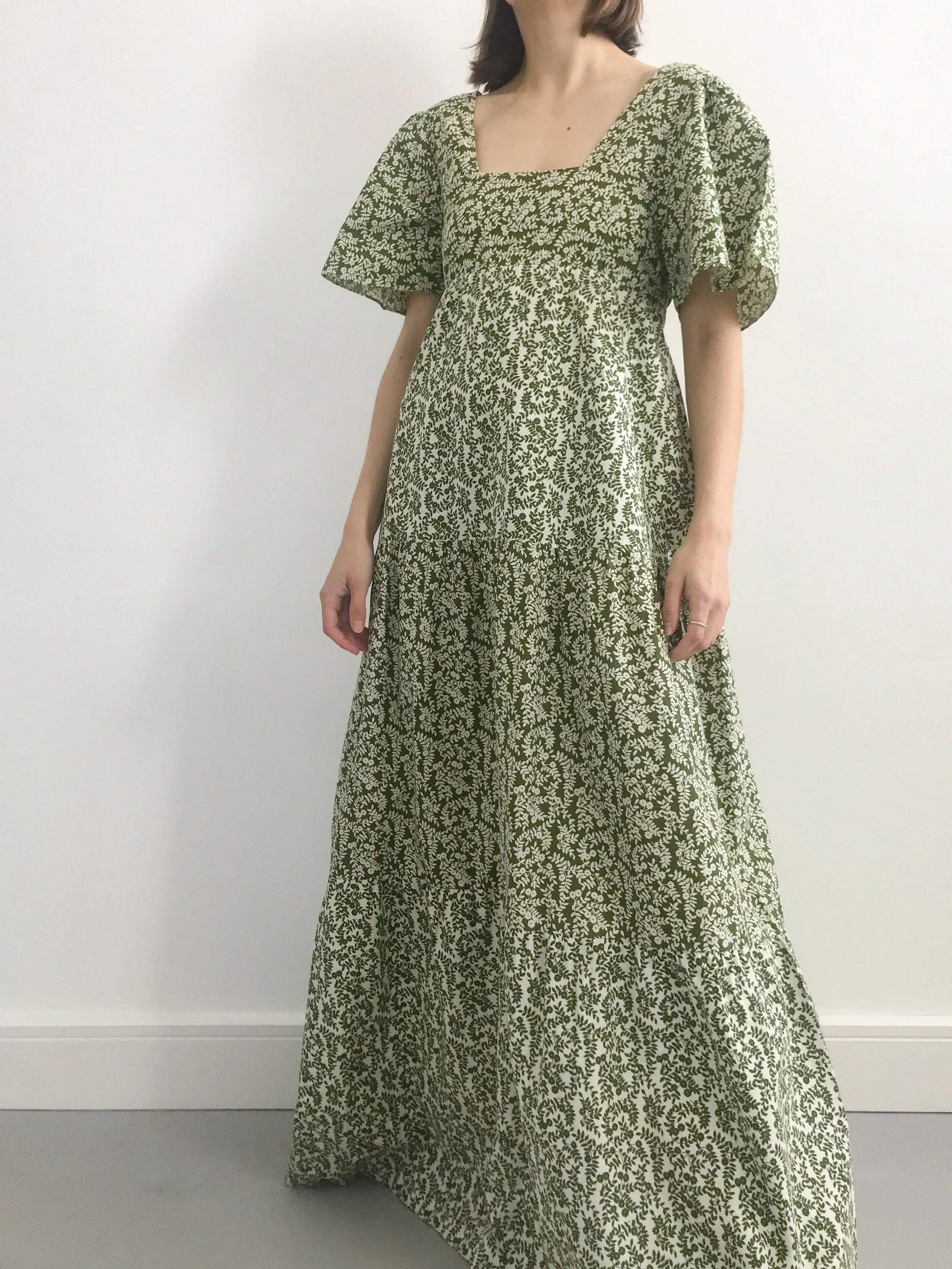 1970s Green Floral Tiered Prairie Dress
