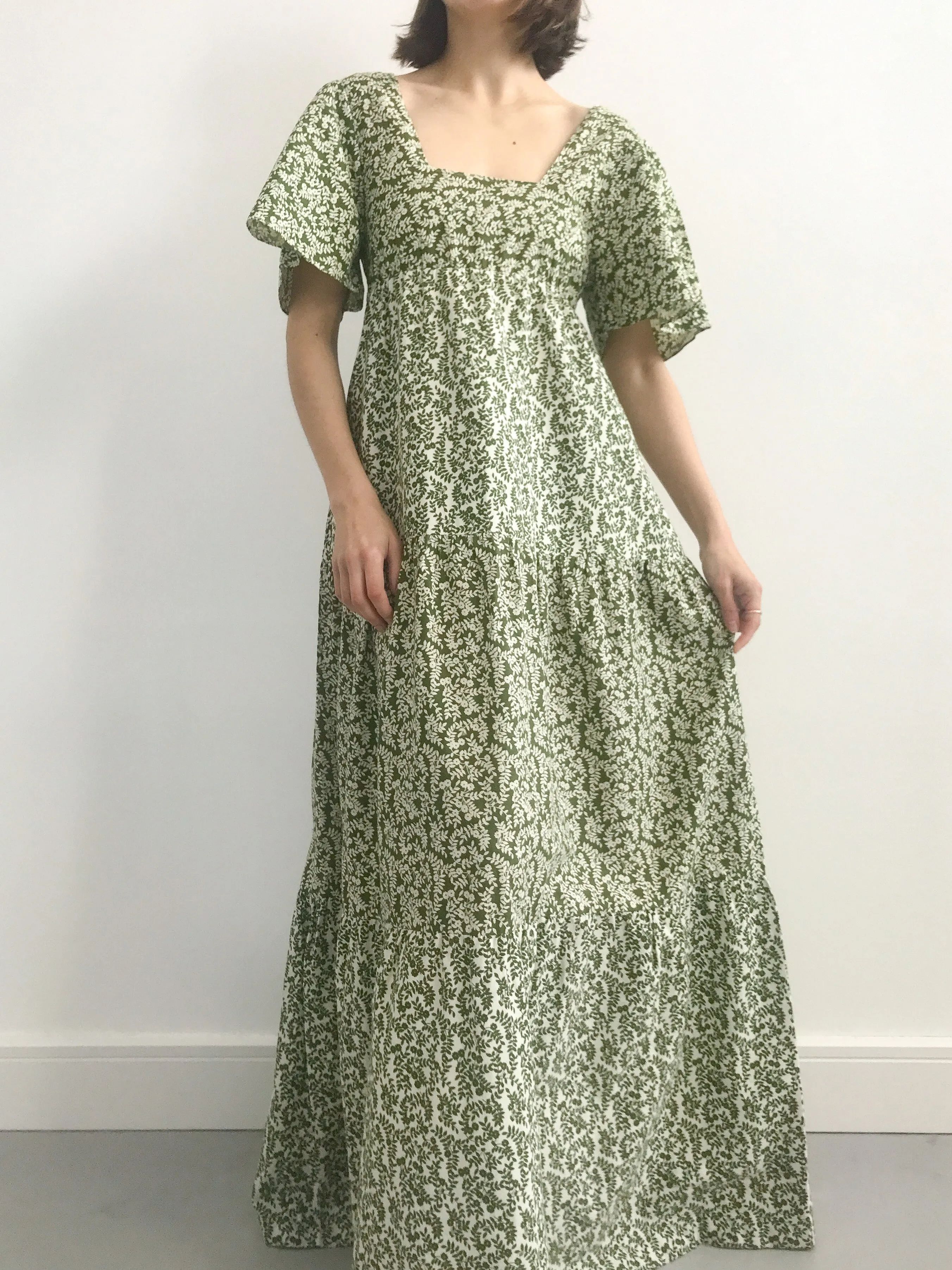 1970s Green Floral Tiered Prairie Dress