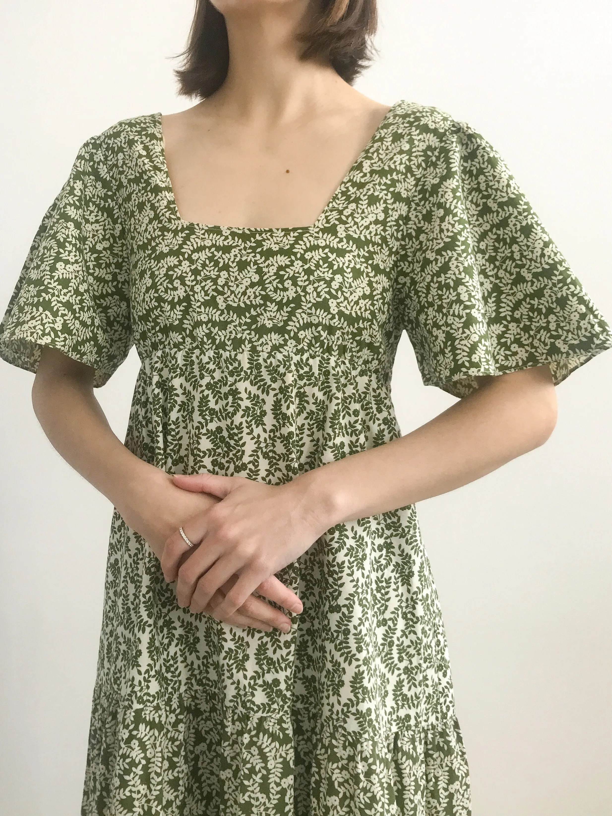 1970s Green Floral Tiered Prairie Dress
