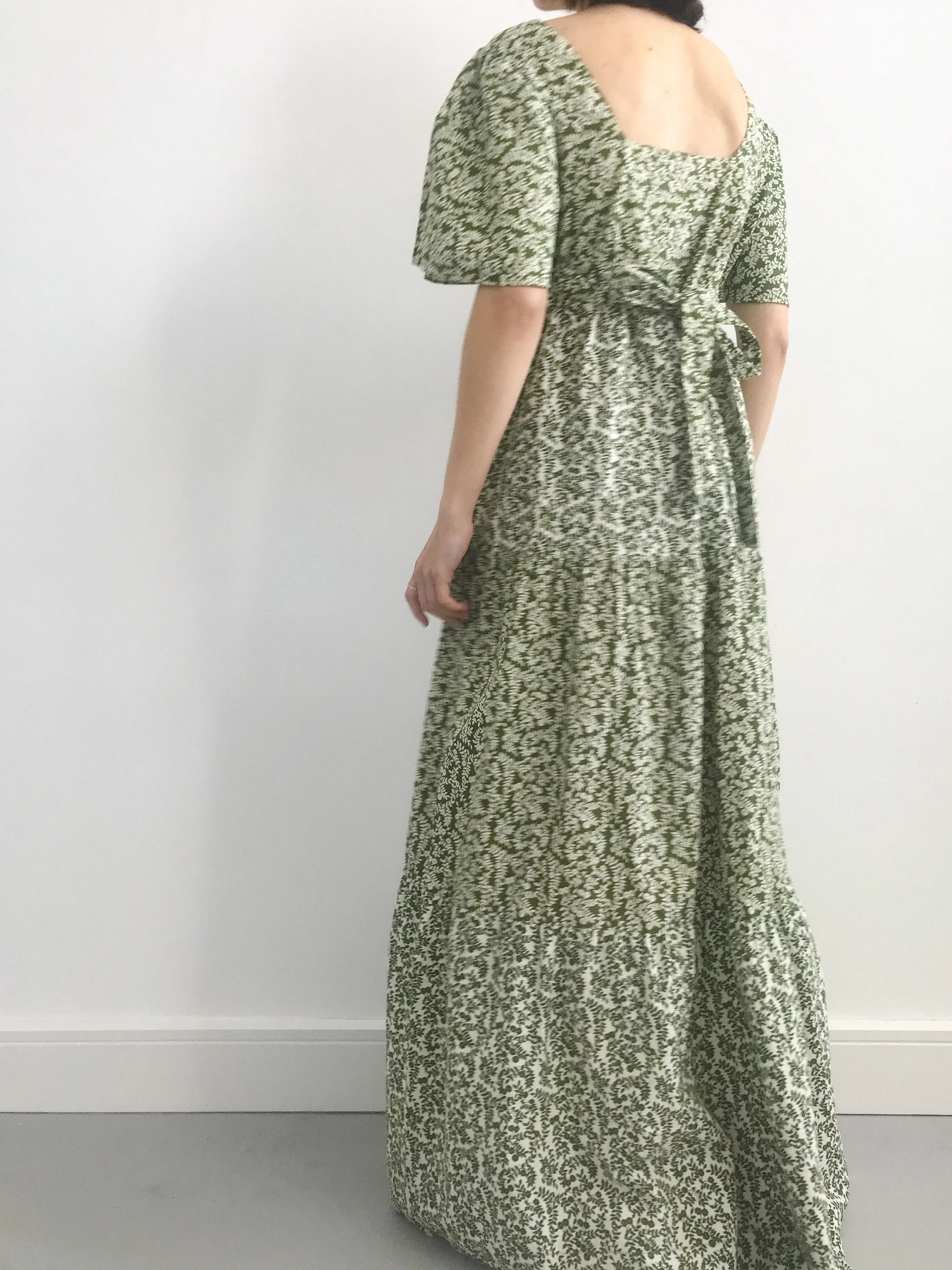 1970s Green Floral Tiered Prairie Dress