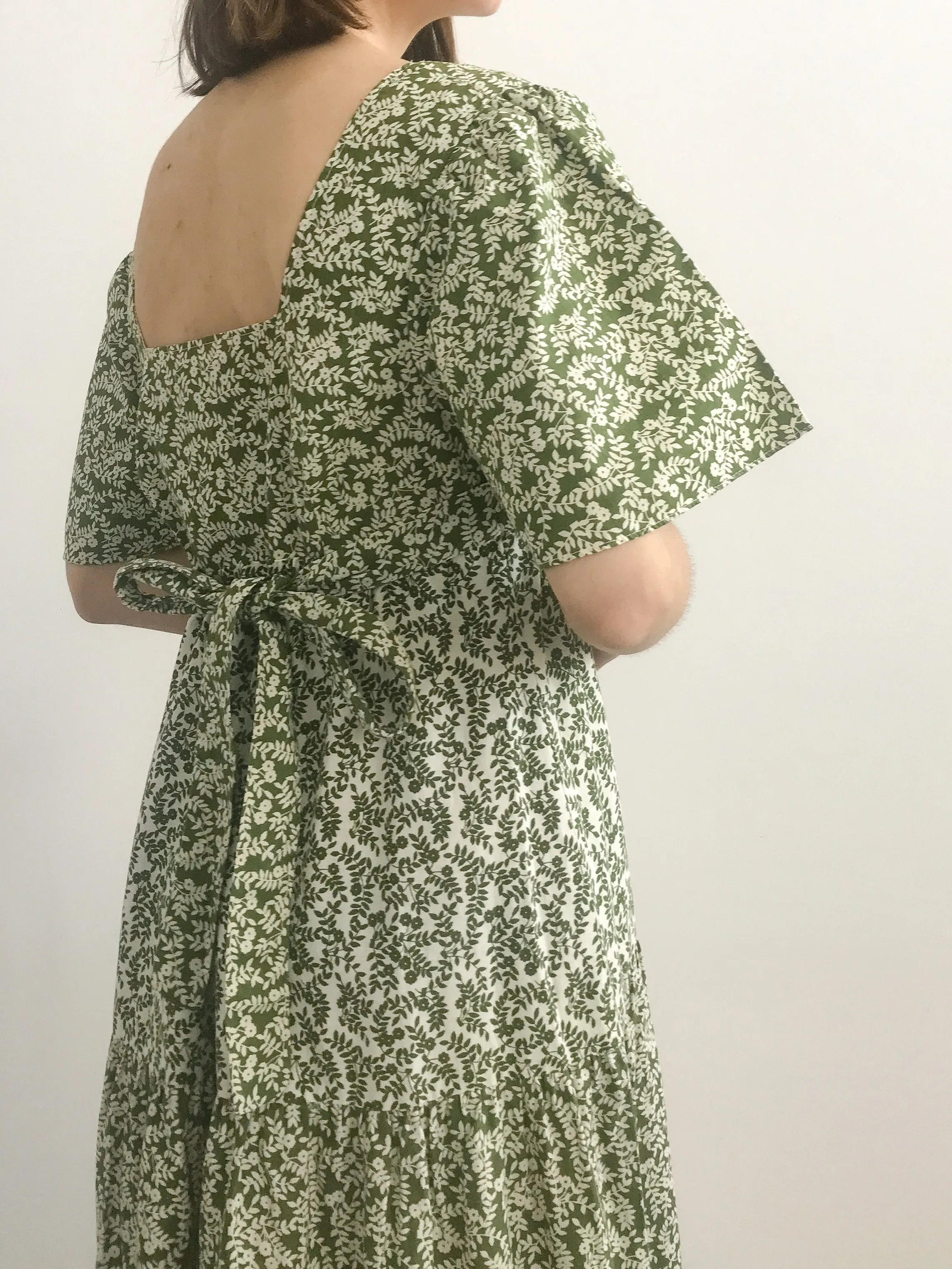 1970s Green Floral Tiered Prairie Dress