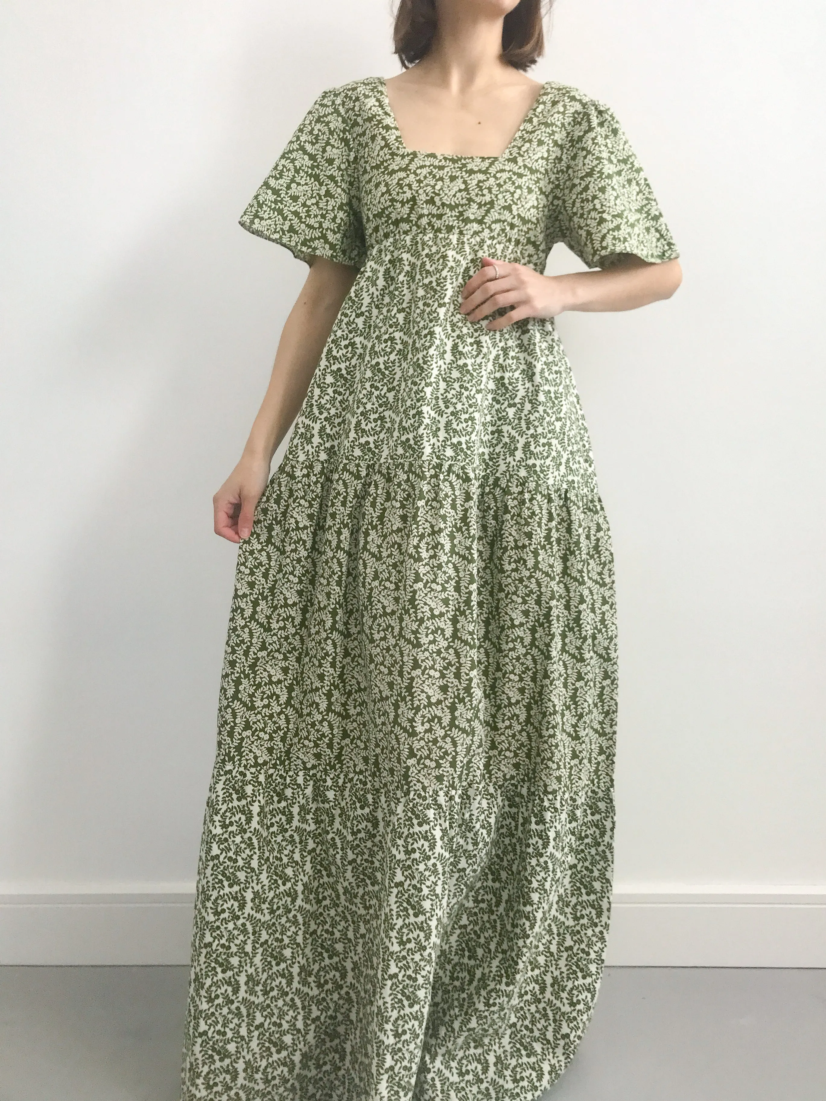 1970s Green Floral Tiered Prairie Dress
