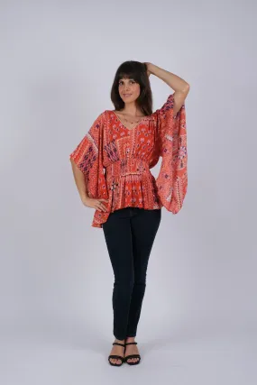 225033 Red Wanderlust Blockprint Hippie Top with Flared Sleeves