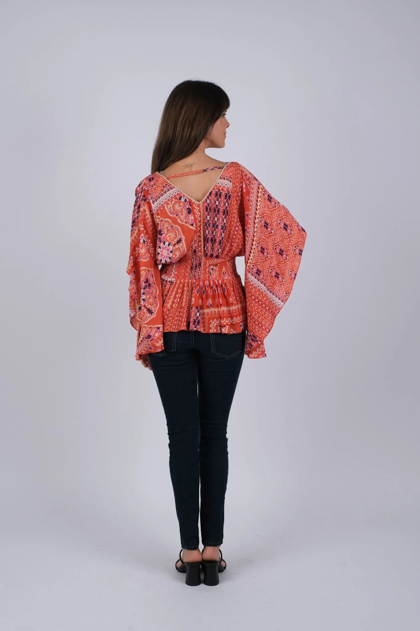 225033 Red Wanderlust Blockprint Hippie Top with Flared Sleeves