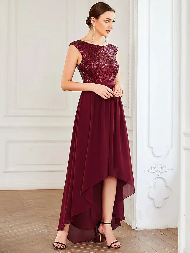A-Line Cocktail Dresses Empire Dress Cocktail Party Asymmetrical Sleeveless Jewel Neck Sequined with Draping