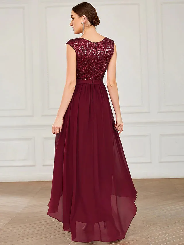 A-Line Cocktail Dresses Empire Dress Cocktail Party Asymmetrical Sleeveless Jewel Neck Sequined with Draping