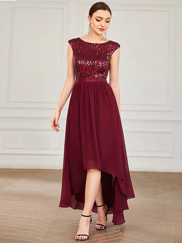 A-Line Cocktail Dresses Empire Dress Cocktail Party Asymmetrical Sleeveless Jewel Neck Sequined with Draping