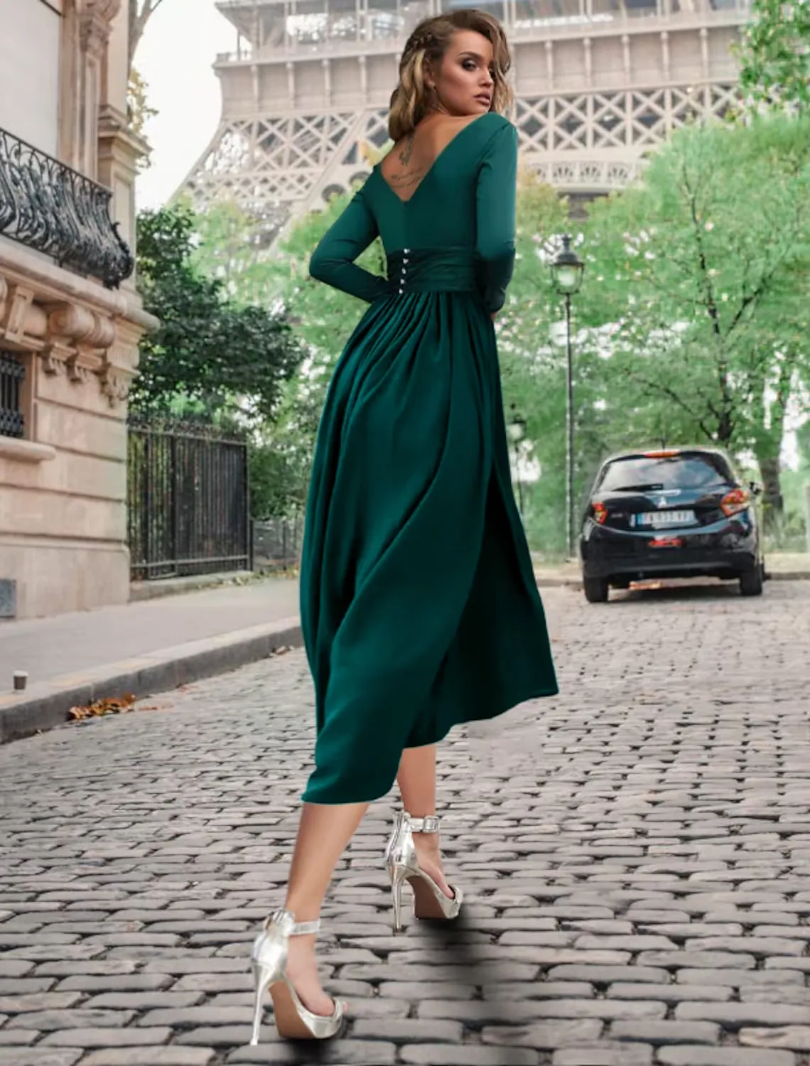 A-Line Cocktail Dresses Empire Dress Formal Tea Length Long Sleeve Cowl Neck Stretch Chiffon with Buttons