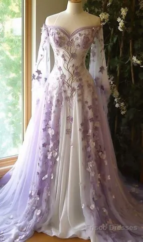 Aesthetic Ball Gown Off The Shoulder Tulle Lilac Party Dresses Long Prom Dress Evening Dresses