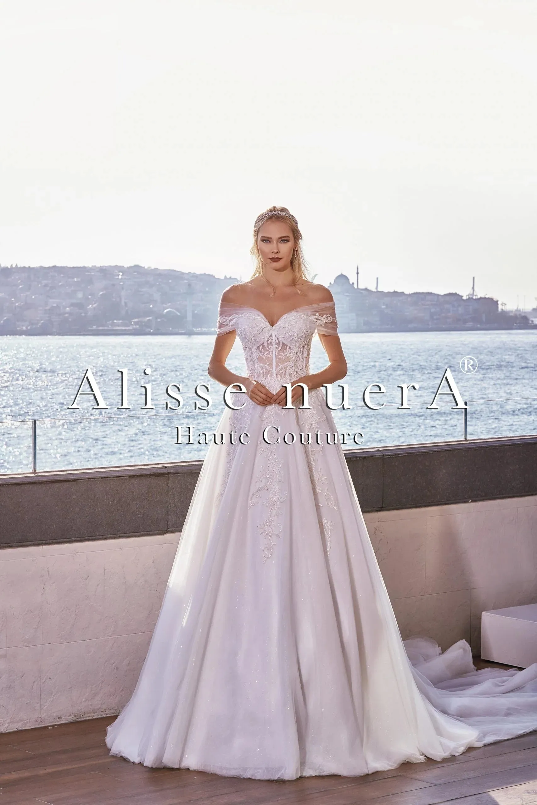 Bateau Neck Wedding Dress with Embroidery and Tulle
