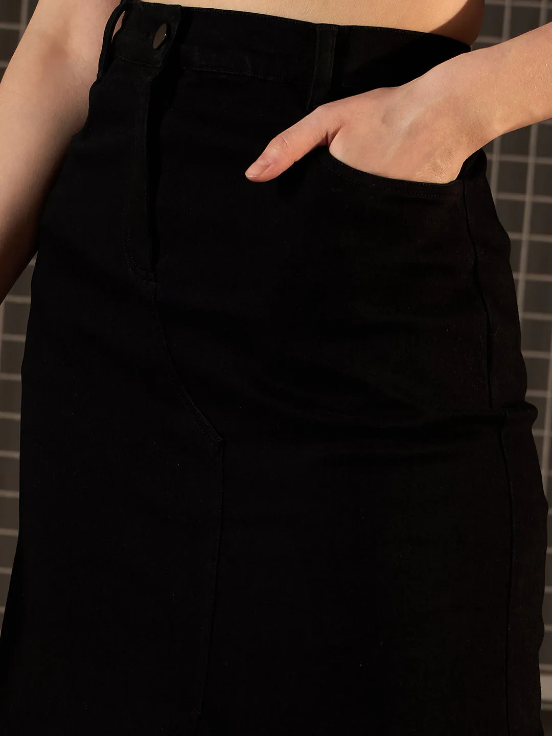 Black Denim Side Slit Skirt