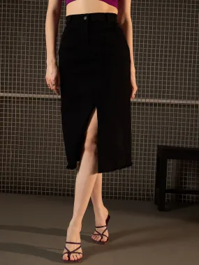 Black Denim Side Slit Skirt