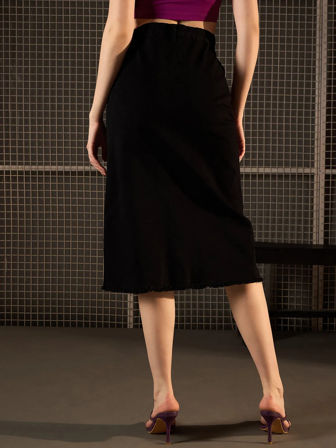 Black Denim Side Slit Skirt