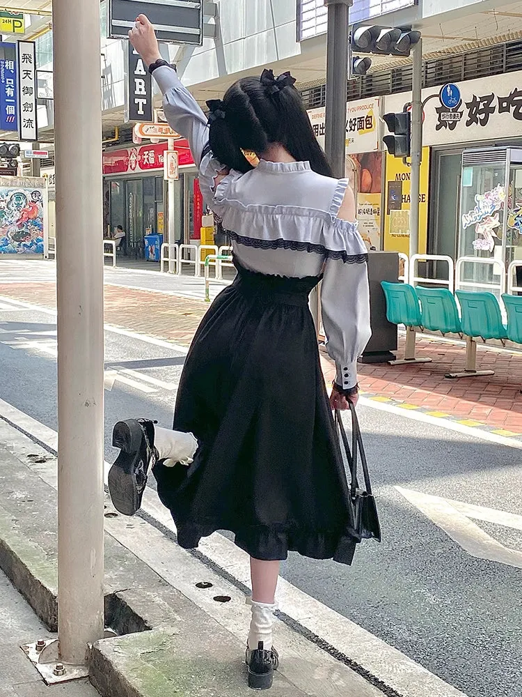 Blouse   Flared Shoulder Skirt Open Waist High