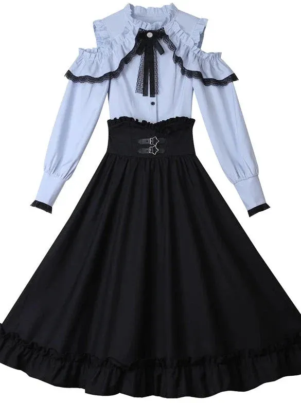 Blouse   Flared Shoulder Skirt Open Waist High