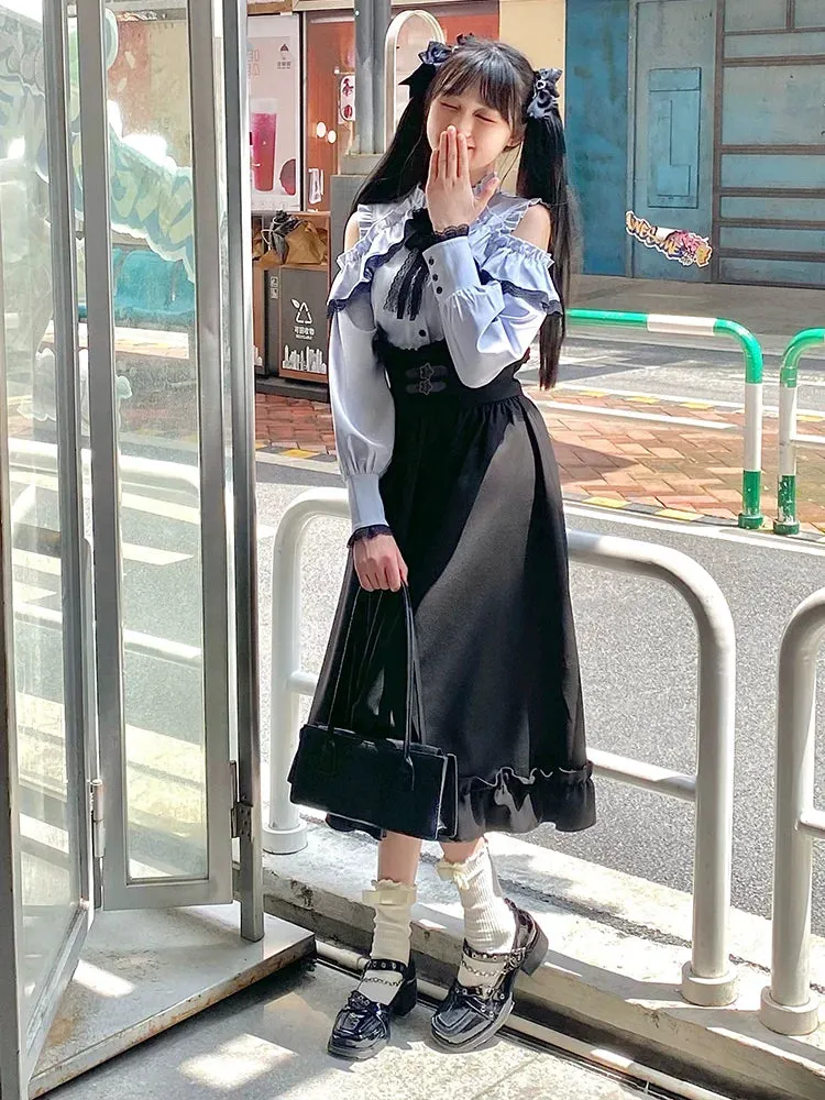 Blouse   Flared Shoulder Skirt Open Waist High