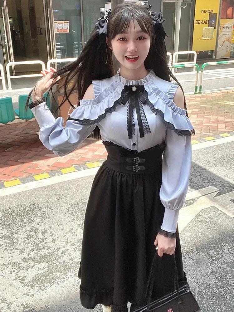 Blouse   Flared Shoulder Skirt Open Waist High