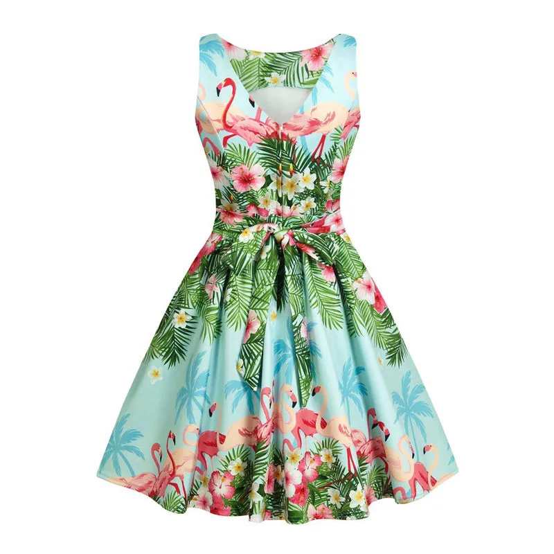 Blue Flamingo Floral Fit and Flare Dress
