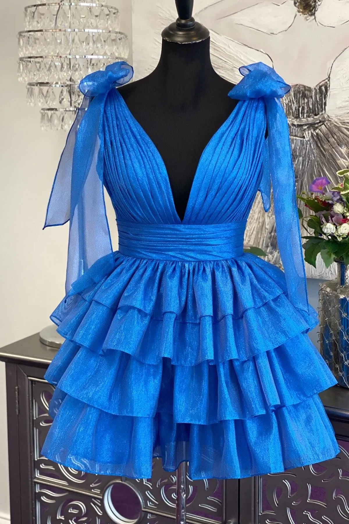 Bow Sleeves Royal Blue Tiered Ruffles Short Cocktail Dress