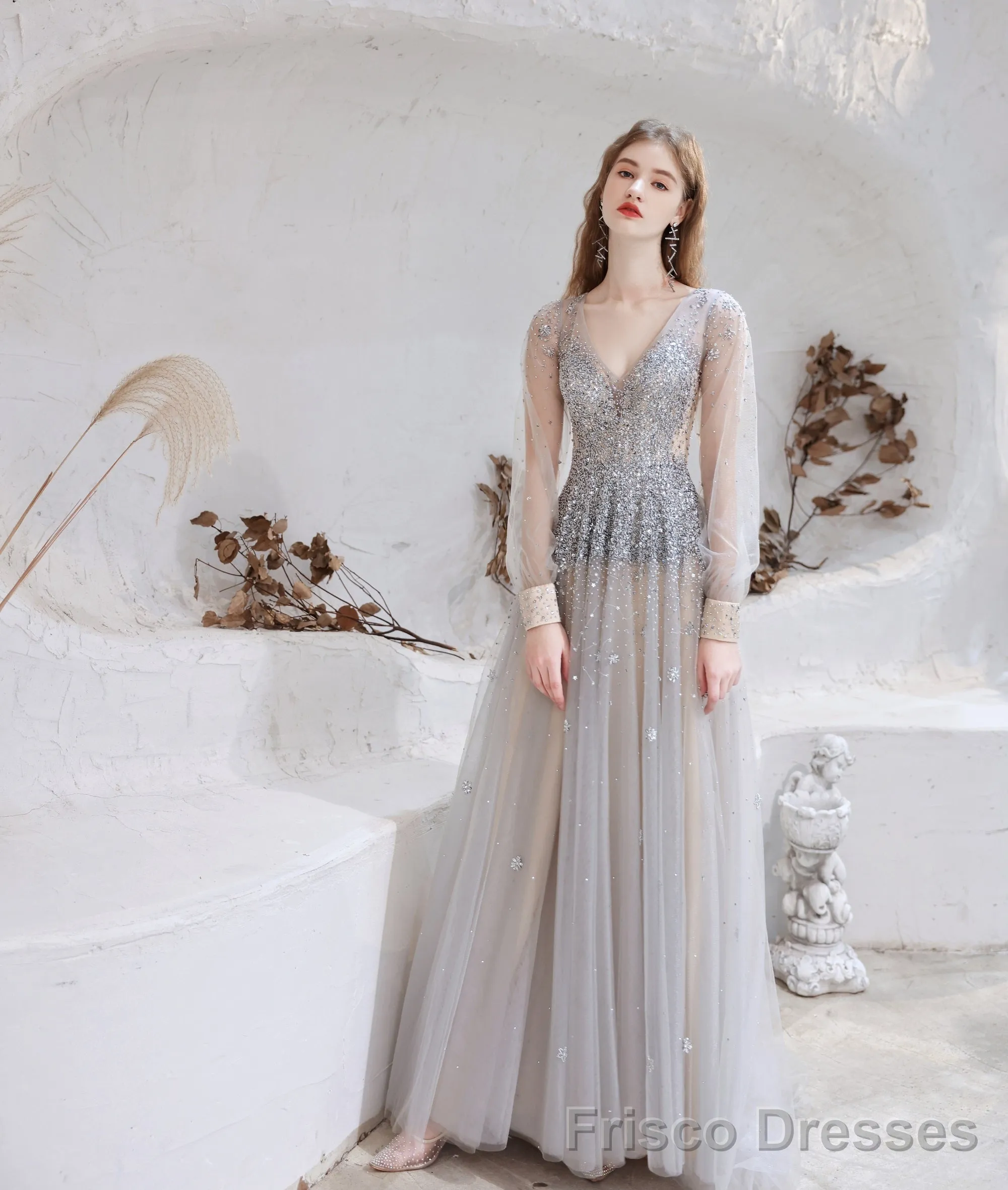 Champagne Prom Dresses Tulle Beading Luxury V Neck Long Sleeves Evening Dress 2025 Long Evening Party Dresses Women Robe De Luxe Femme Backless A Line Prom Gown