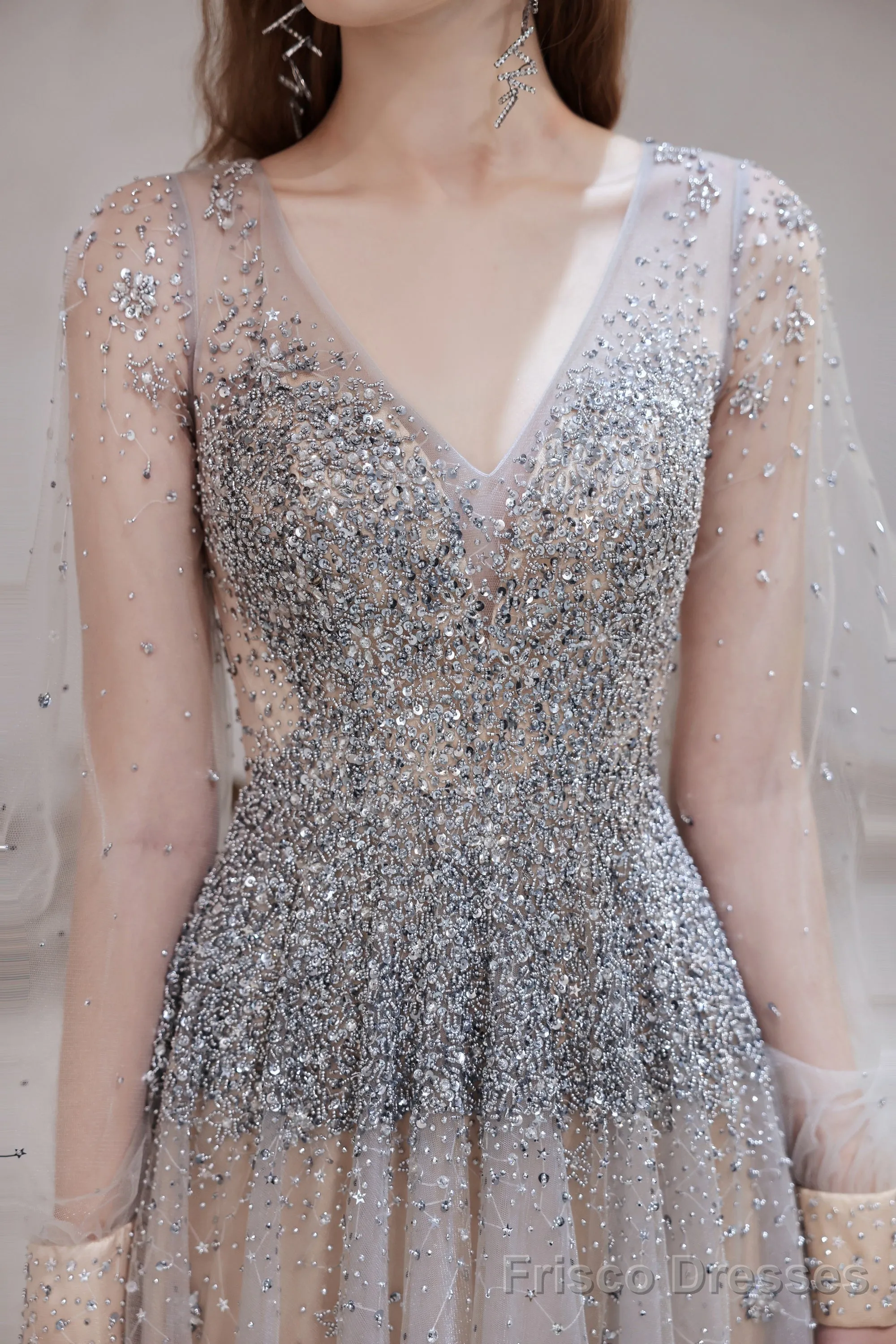 Champagne Prom Dresses Tulle Beading Luxury V Neck Long Sleeves Evening Dress 2025 Long Evening Party Dresses Women Robe De Luxe Femme Backless A Line Prom Gown