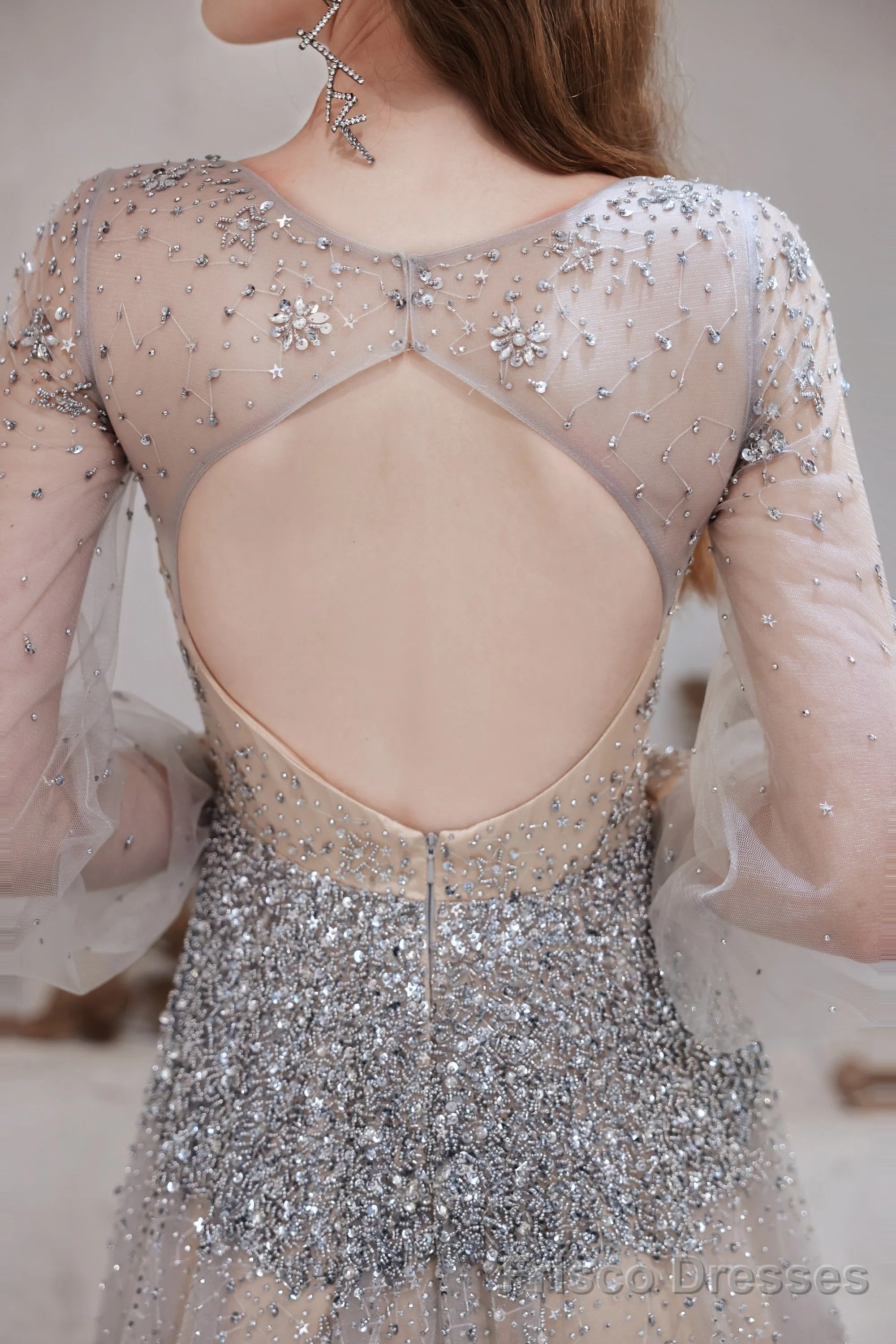 Champagne Prom Dresses Tulle Beading Luxury V Neck Long Sleeves Evening Dress 2025 Long Evening Party Dresses Women Robe De Luxe Femme Backless A Line Prom Gown