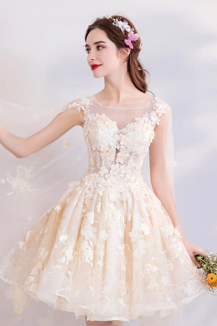 Champagne Tulle Lace Short Prom Dresses A-Line Lace Party Dresses With Flowers