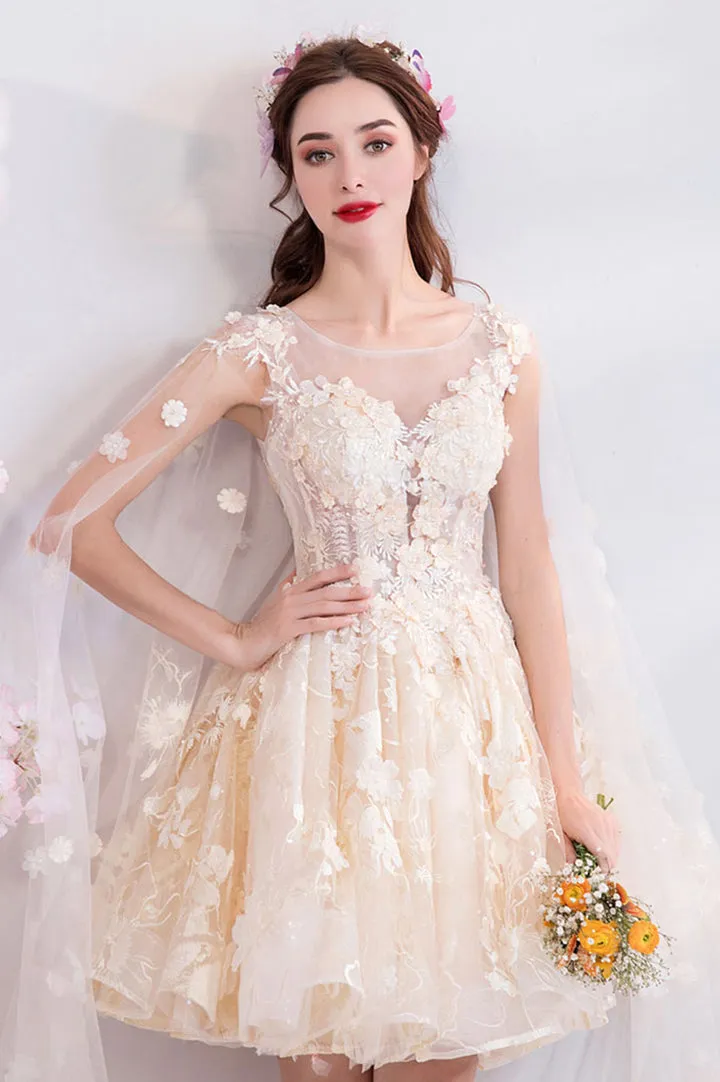 Champagne Tulle Lace Short Prom Dresses A-Line Lace Party Dresses With Flowers