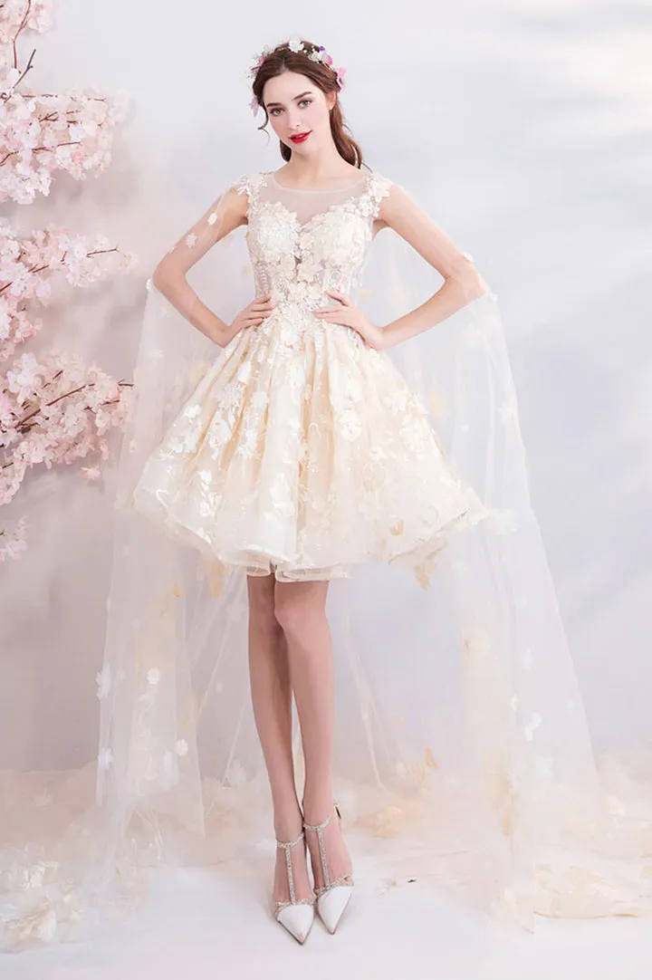Champagne Tulle Lace Short Prom Dresses A-Line Lace Party Dresses With Flowers
