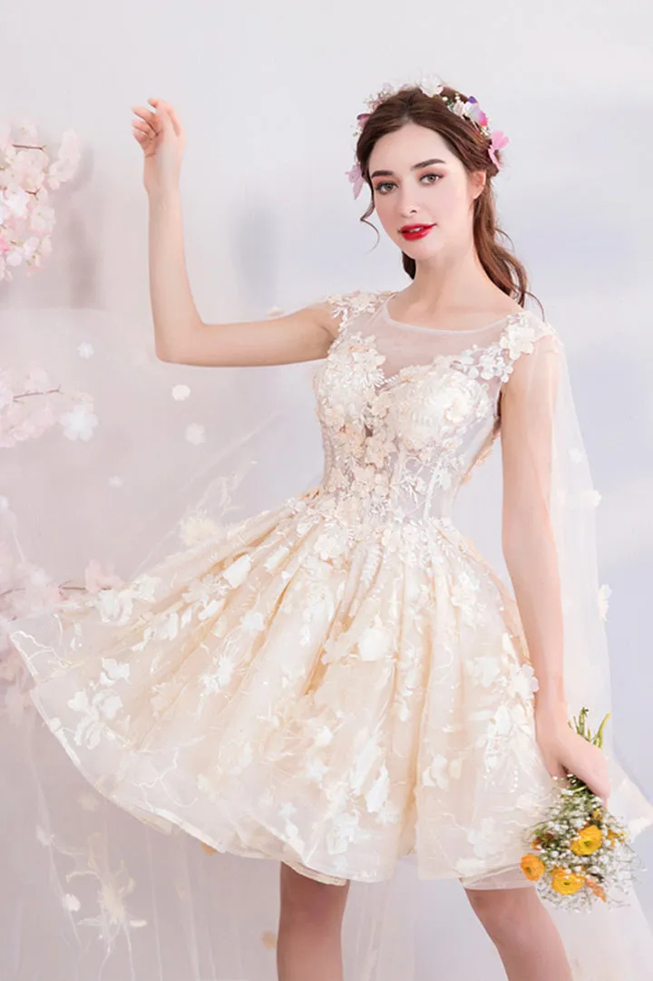 Champagne Tulle Lace Short Prom Dresses A-Line Lace Party Dresses With Flowers