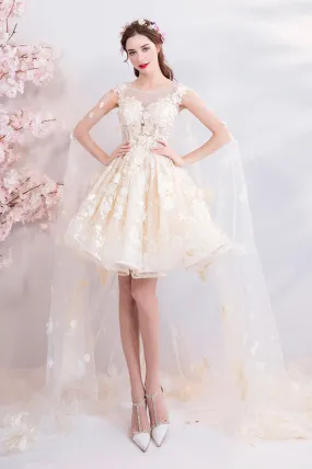 Champagne Tulle Lace Short Prom Dresses A-Line Lace Party Dresses With Flowers