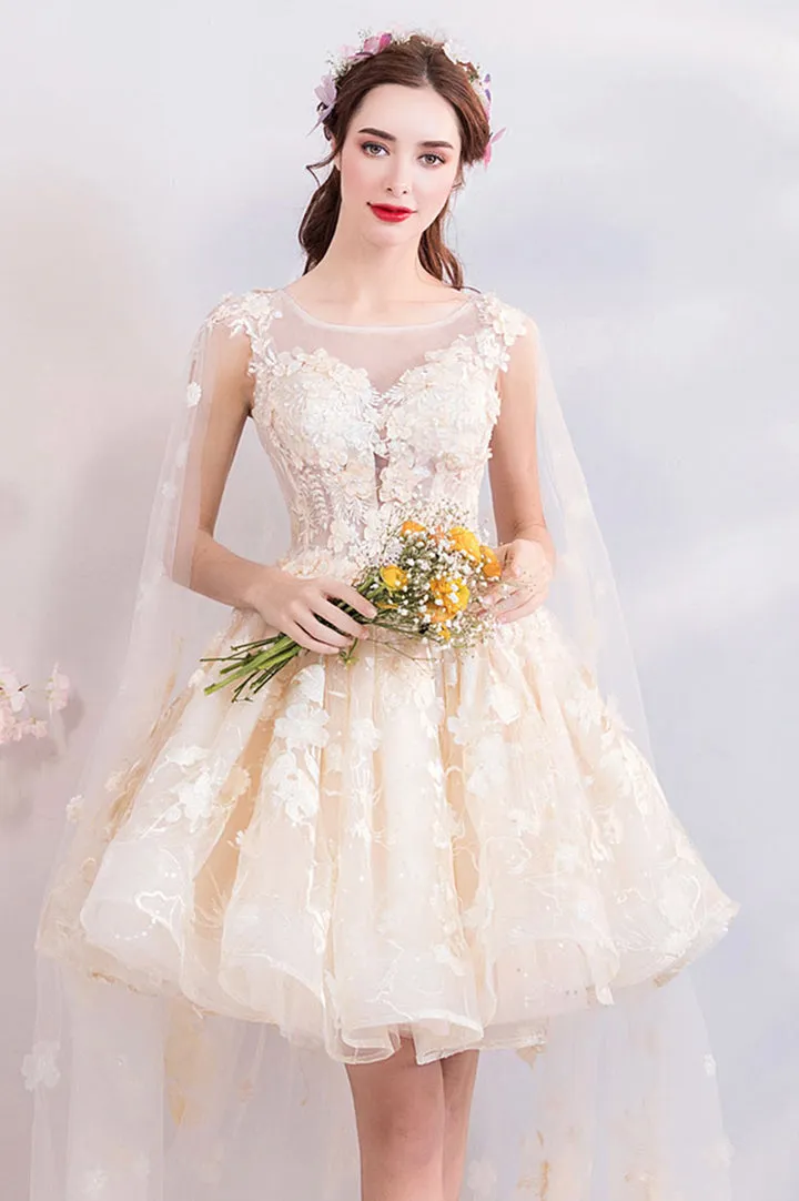 Champagne Tulle Lace Short Prom Dresses A-Line Lace Party Dresses With Flowers