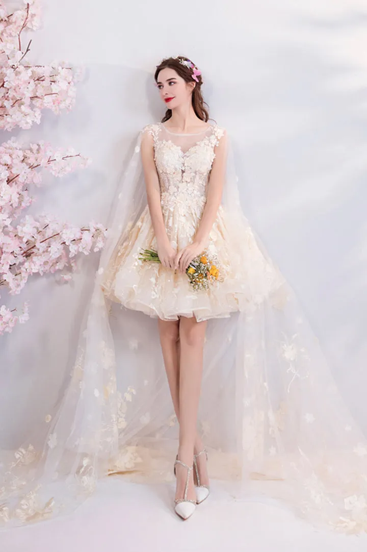Champagne Tulle Lace Short Prom Dresses A-Line Lace Party Dresses With Flowers