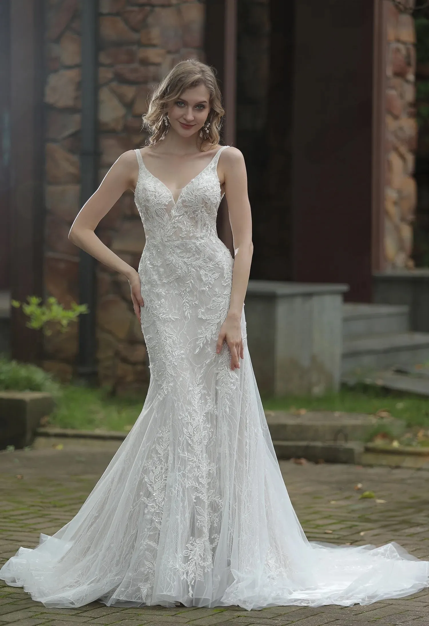 Classic V-Neck Allover Lace Fit And Flare Wedding Dress