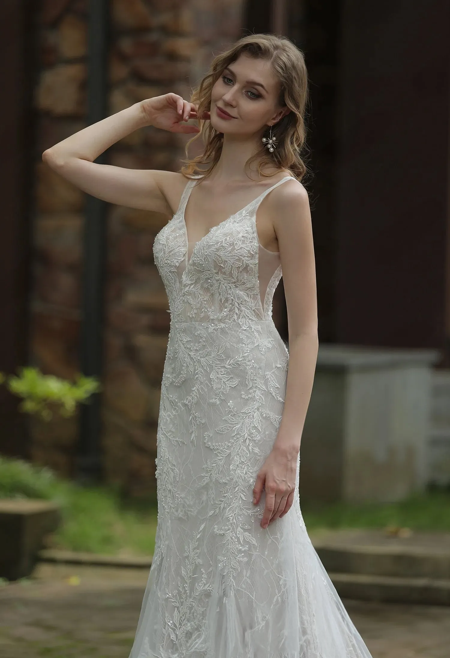 Classic V-Neck Allover Lace Fit And Flare Wedding Dress