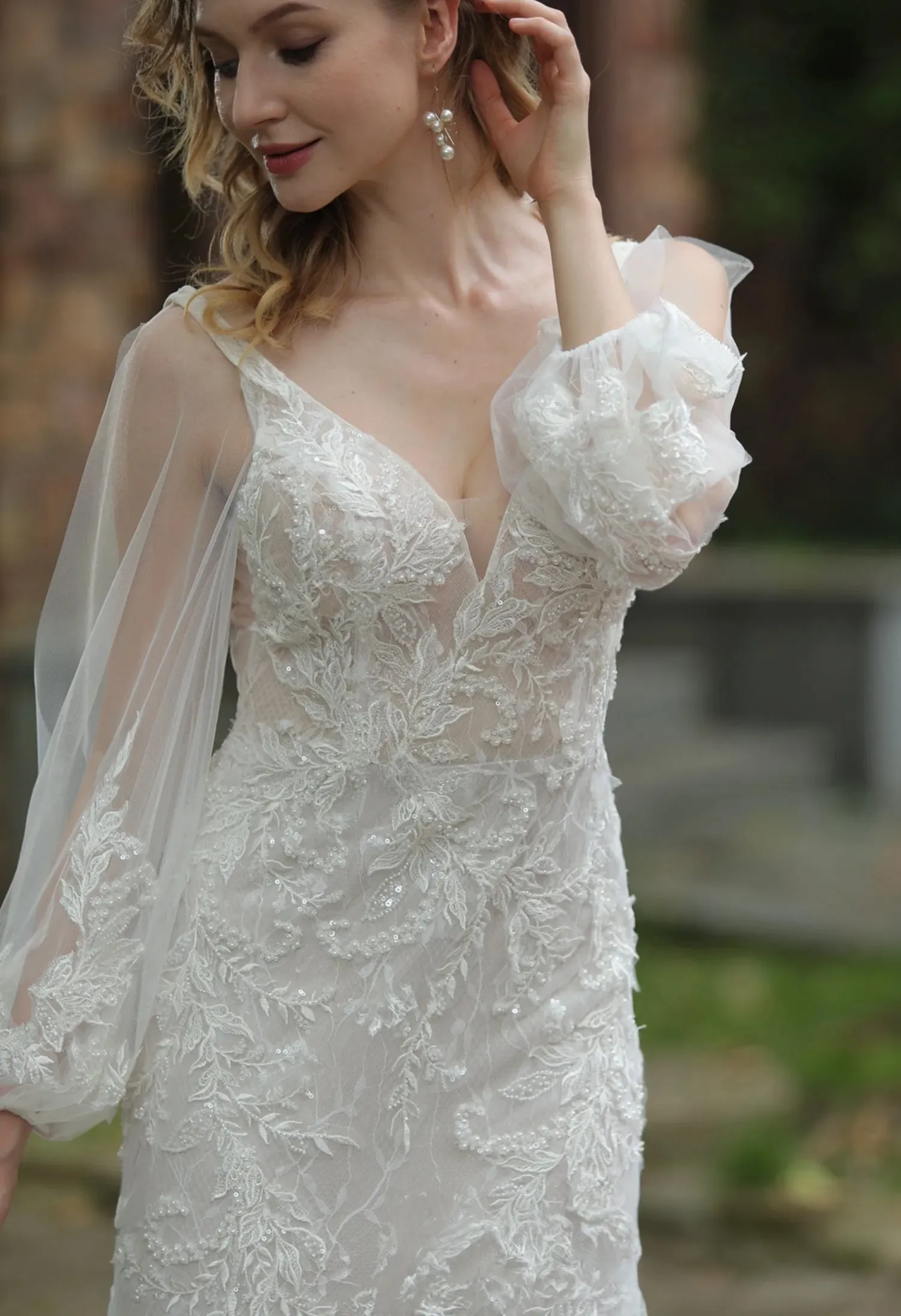 Classic V-Neck Allover Lace Fit And Flare Wedding Dress