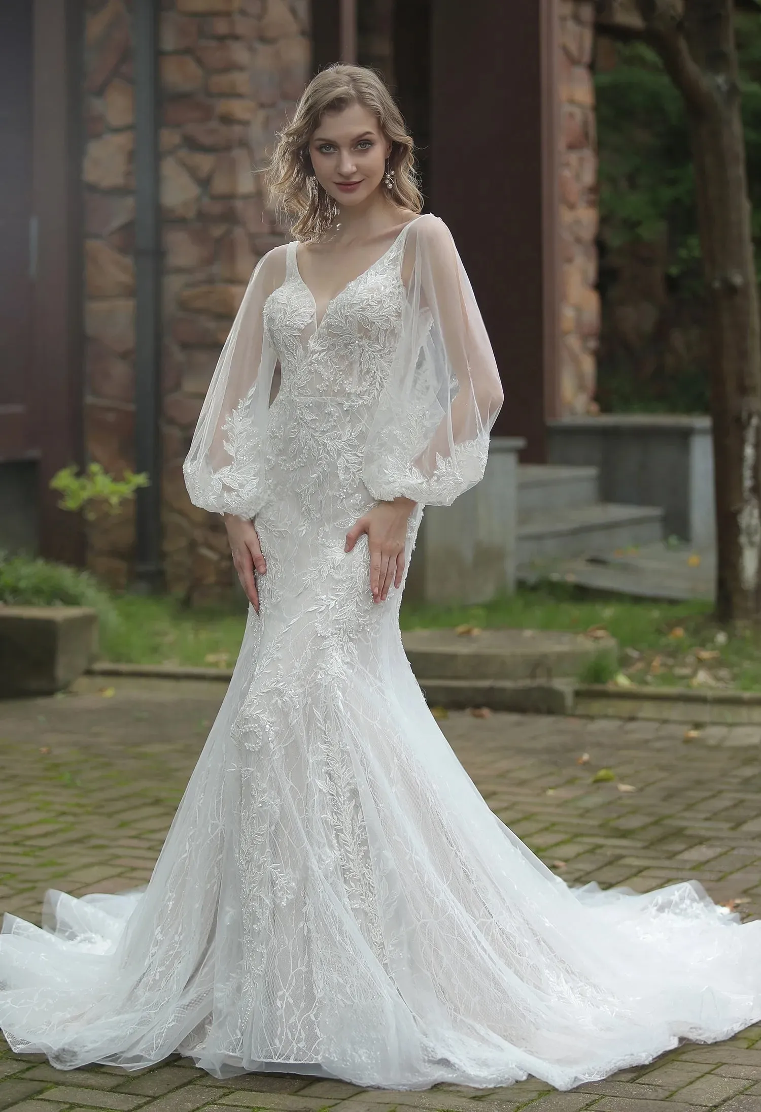 Classic V-Neck Allover Lace Fit And Flare Wedding Dress