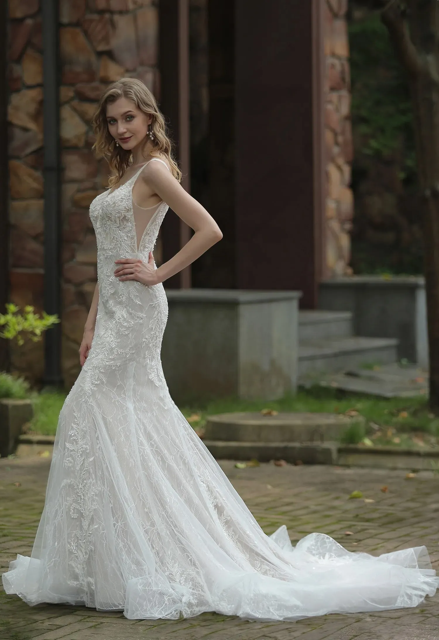 Classic V-Neck Allover Lace Fit And Flare Wedding Dress