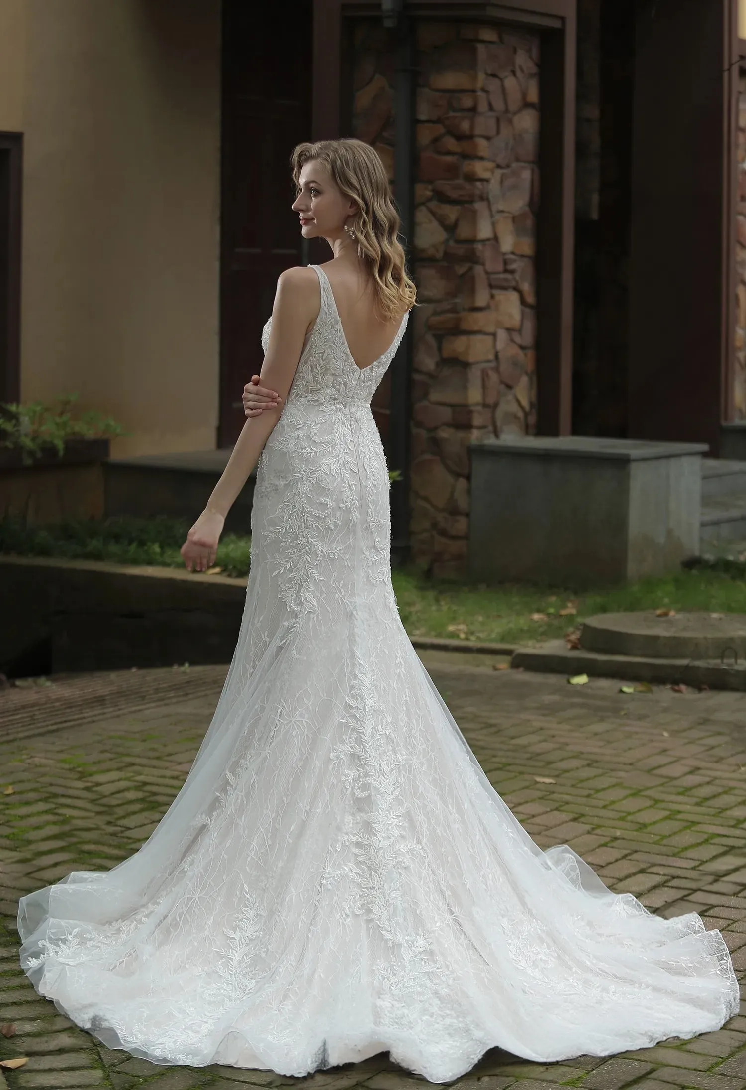 Classic V-Neck Allover Lace Fit And Flare Wedding Dress