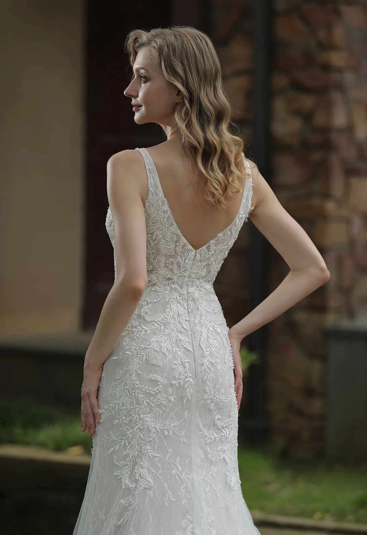 Classic V-Neck Allover Lace Fit And Flare Wedding Dress