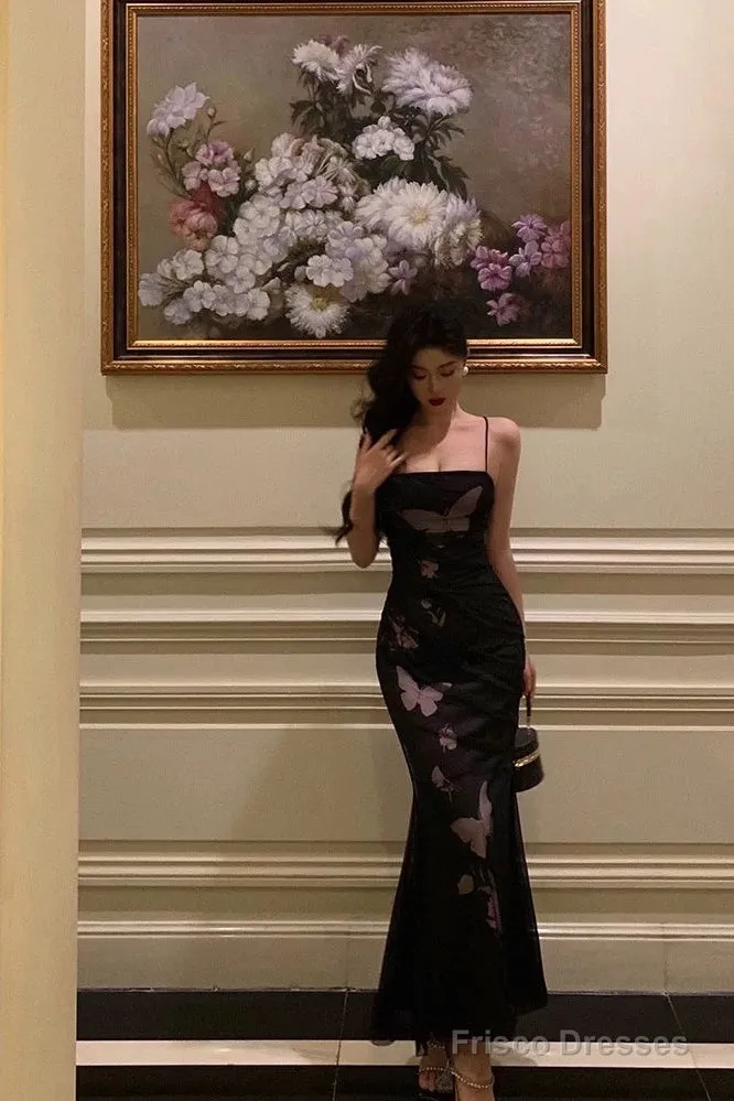 Classy Sheath Spaghetti Straps Sleeveless Black Backless Prom Dresses Birthday Outfits