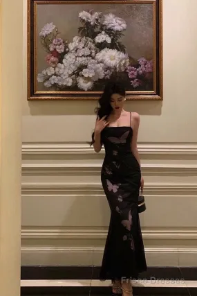 Classy Sheath Spaghetti Straps Sleeveless Black Backless Prom Dresses Birthday Outfits