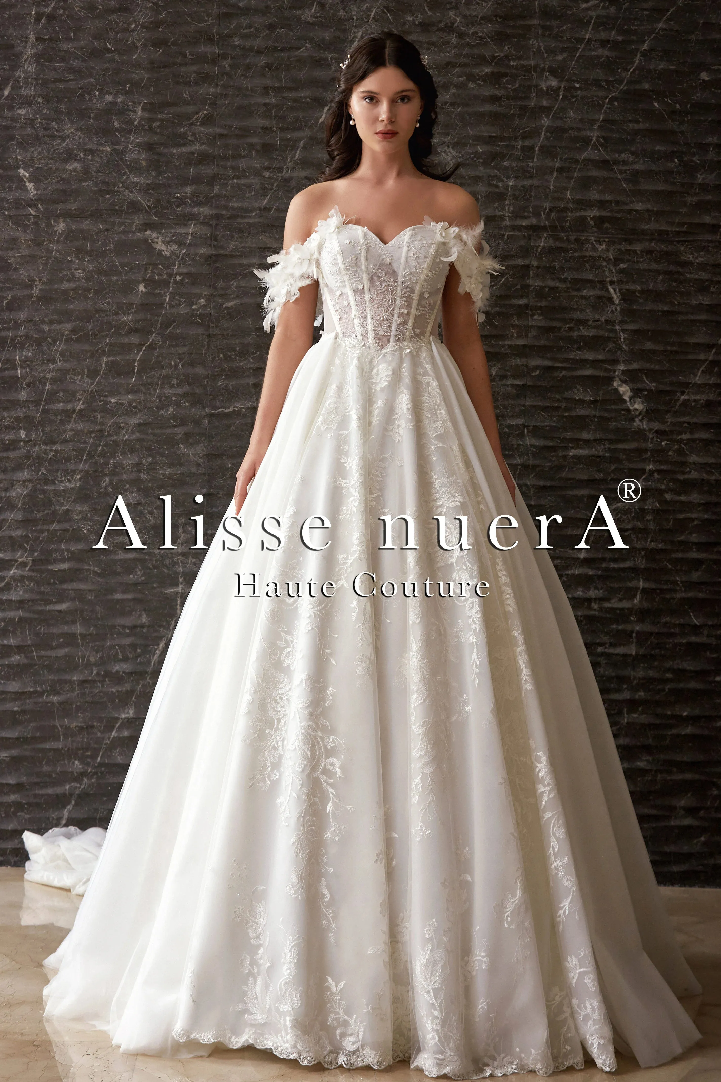Corset Design Off Shoulder Feather Sleeve Garden Wedding Dress