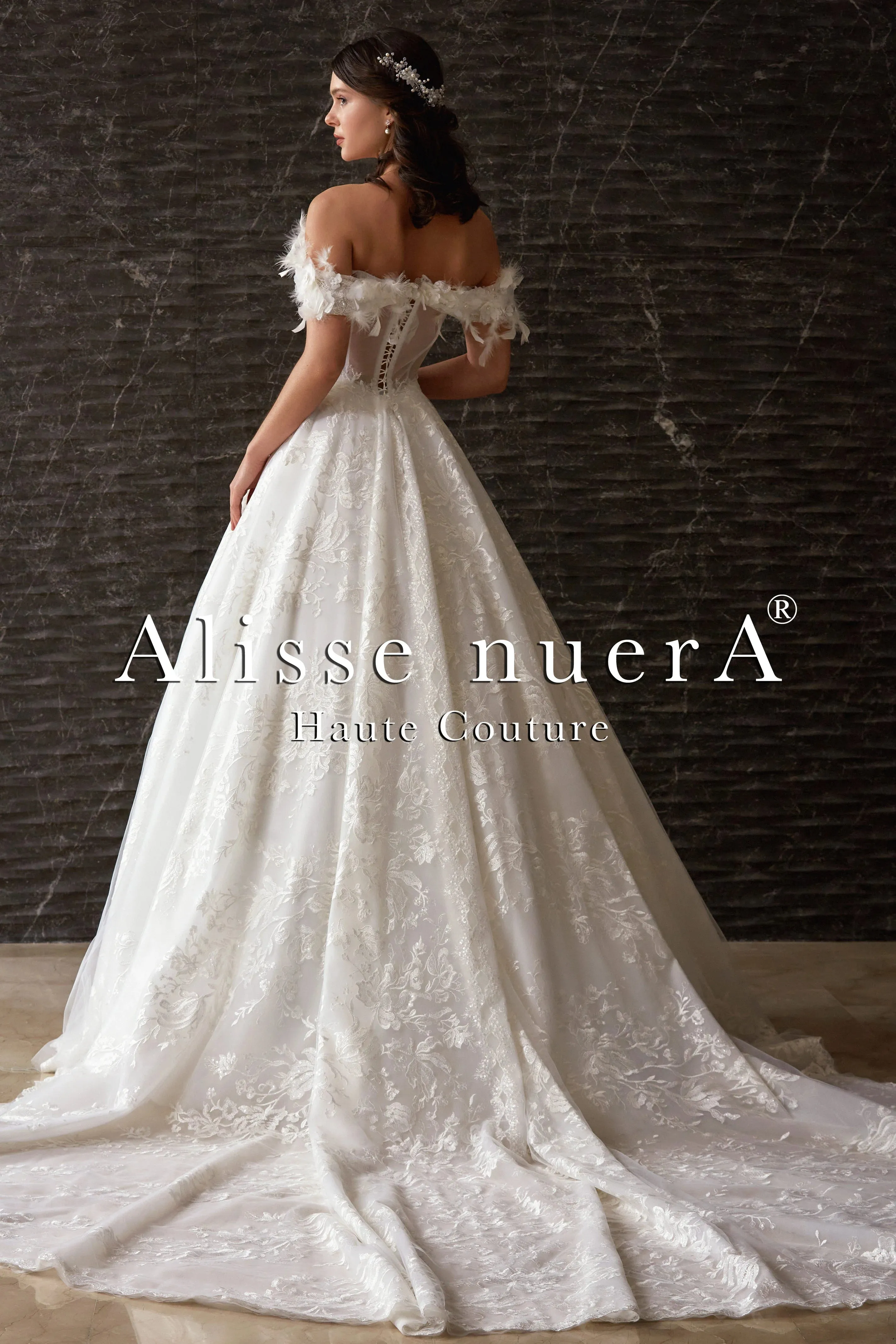 Corset Design Off Shoulder Feather Sleeve Garden Wedding Dress