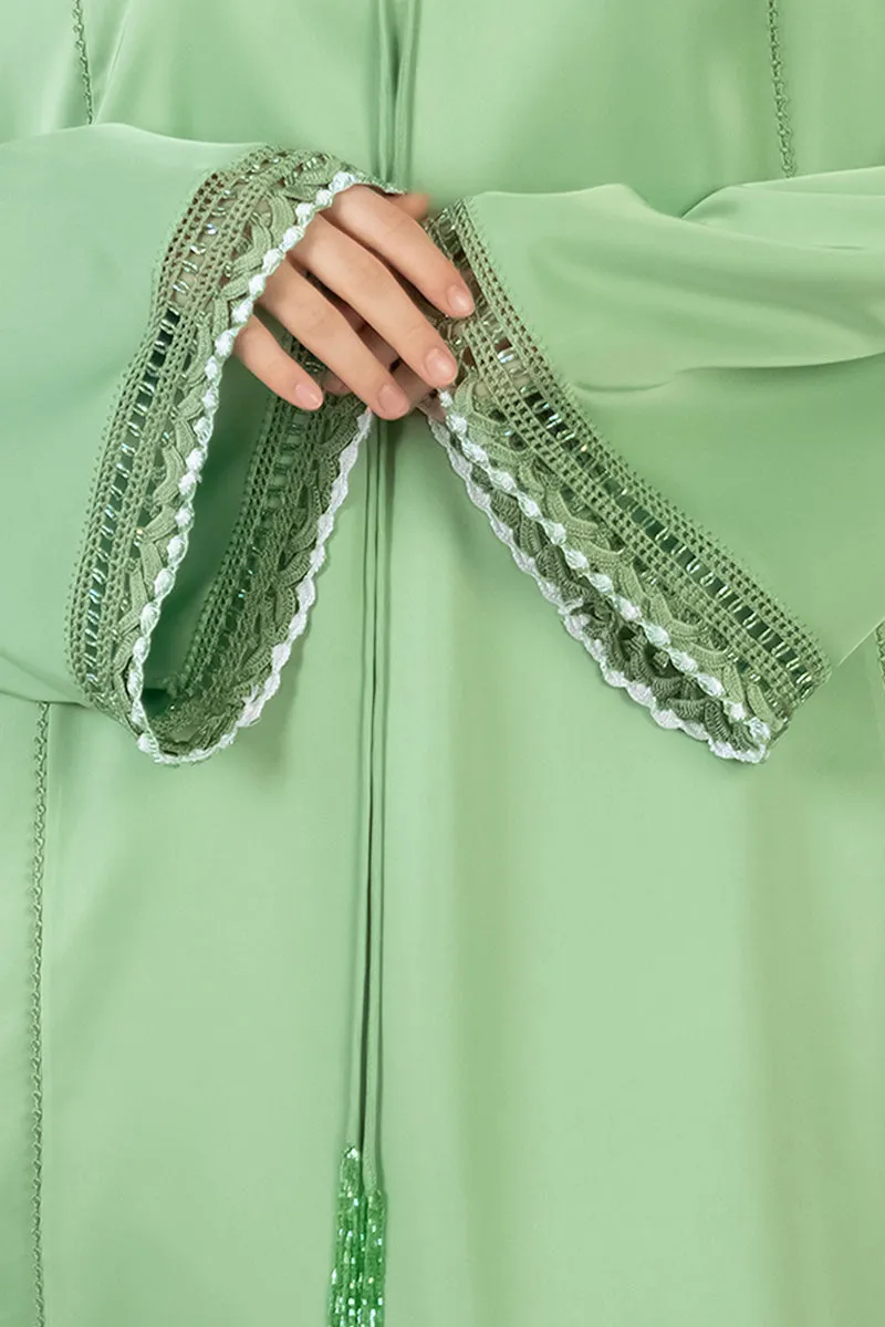 CROCHET EMBROIDERED DRESS IN SOFT GREEN