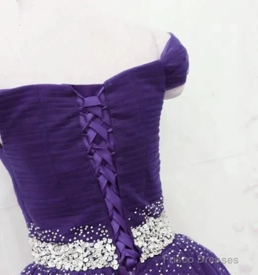 Dark Purple Beaded Tulle Off Shoulder Party Dress Purple Junior Prom Dresses prom dresses shops