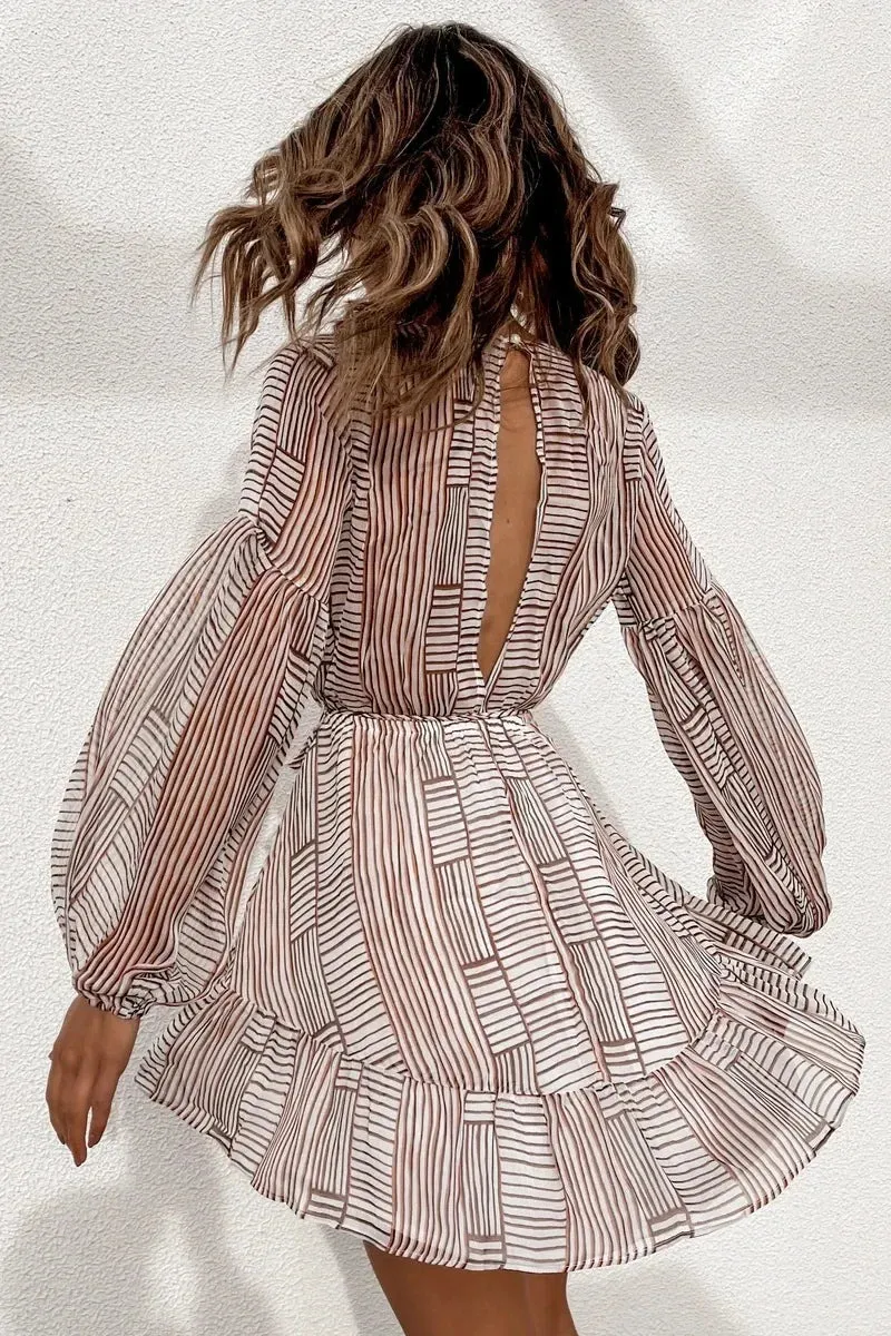 Deep V-neck Long Sleeved Striped Dress with Waist Lace-up Detail