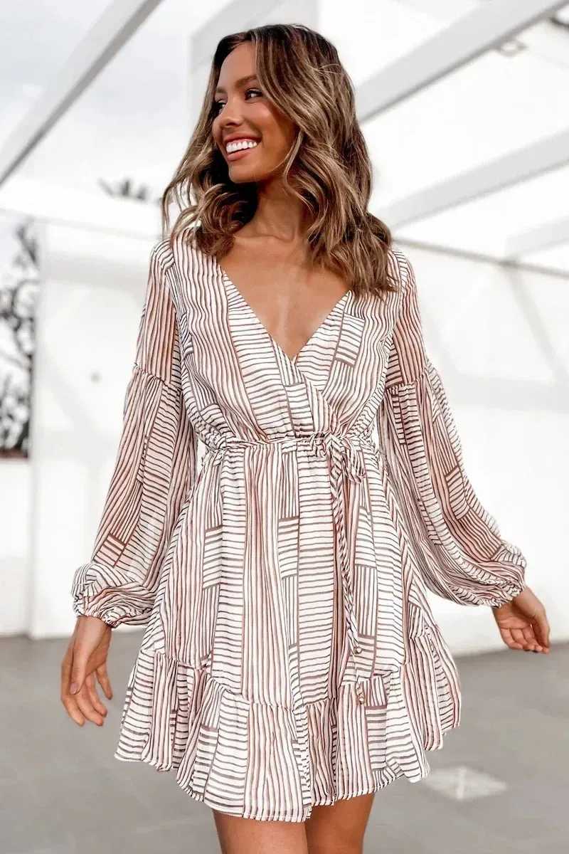 Deep V-neck Long Sleeved Striped Dress with Waist Lace-up Detail