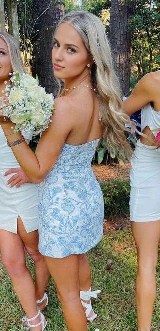 Elegant Gowns Evening Dresses Strapless Blue Sheath Homecoming Dress Short Prom Dress